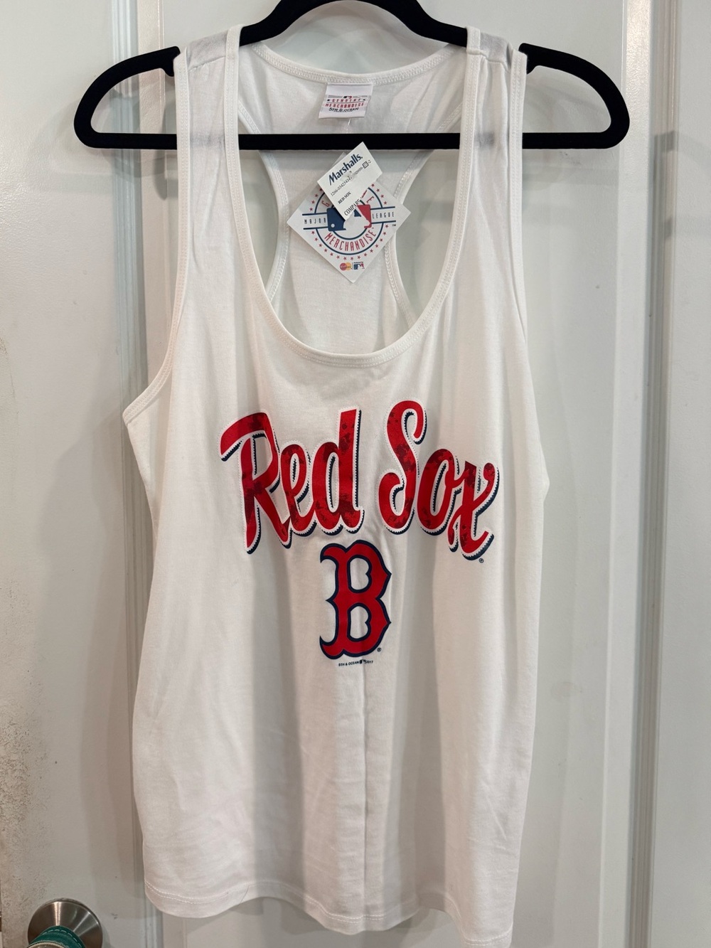 Woman's White Racerback Tank Top with Red and Navy 'Red Sox' Graphic